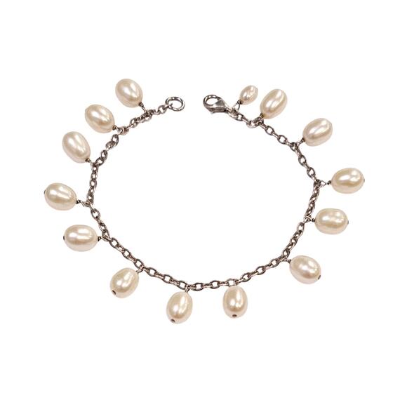 Elegant Sterling Silver Dangle Bracelet with Cultured Pearls - 7" - Picture 1 of 2
